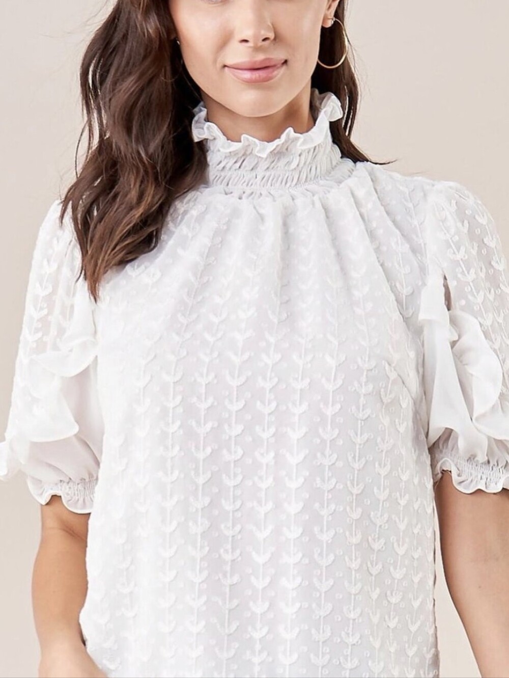 The Impeccable Pig Ruffle Mock Neck Puff Sleeve Blouse